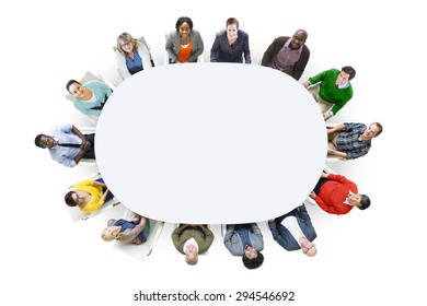 Aerial View Cheerful People Looking Up Conference Table