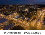 Aerial View of Cherry Creek Shopping and Dining District in the Denver Metro with Christmas Lights during the Holidays