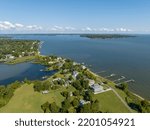 Aerial view of Chesapeake Bay coastline with Magothy river, Gibson island and luxury houses