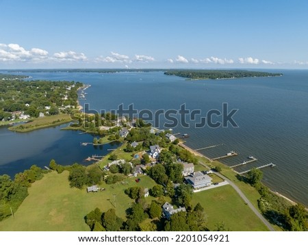 Aerial view of Chesapeake Bay coastline with Magothy river, Gibson island and luxury houses