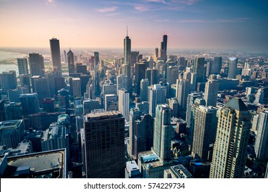 Aerial View Of Chicago City Skyline, USA