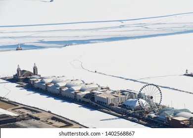 Aerial View Of Chicago Navy Pier And Lake Michigan In Winter