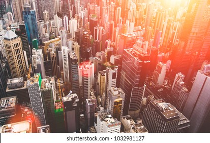 Aerial View Of China Economy Metropolis City With Modern Skyscrapers And Enterprises.Developed Hong Kong Downtown District With Office Buildings And Advanced Infrastructure. Real Estate Business