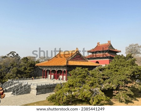 Aerial view of Chinese ancient palaces at Beiling Park, Shenyang, China