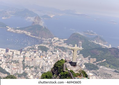 Aerial View Of Christ Redeemer And Sugarloaf In Rio De Janeiro