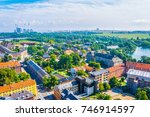 Aerial view of the Christiania neighborhood in Copenhagen, Denmark.
