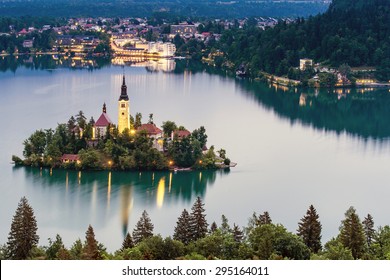 Aerial view of church of Assumption in Lake Bled, Slovenia 