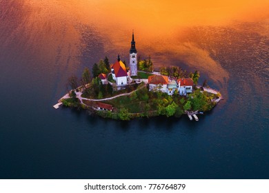 Aerial View Of Church Of Assumption In Lake Bled, Slovenia. Hdr Landscape.