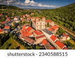 Aerial view of the church in Bardo captured on a summer afternoon. Landscapes and attractions of Lower Silesia.