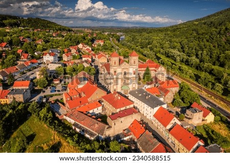 Aerial view of the church in Bardo captured on a summer afternoon. Landscapes and attractions of Lower Silesia.