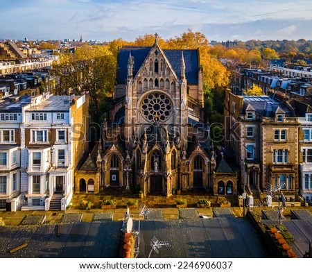 Aerial view of church and residential area in West London in autumn, England, UK