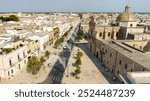 Aerial view of the Church of Santa Maria di Costantinopoli located in Manduria, in the province of Taranto, Italy. It is located in the main street of the city. It has a neoclassical facade.