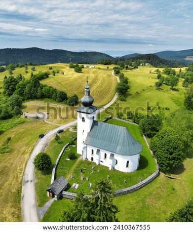Aerial view of the church, the Slovak geographical center of Europe in the locality of Kremnicke Bane in Slovakia