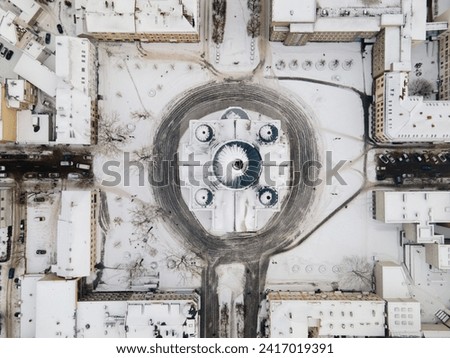 An aerial view of the Church of St Michael the Archangel and Freedom Avenue in Kaunas, Lithuania.
