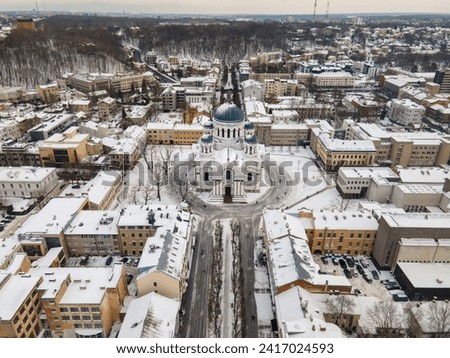 An aerial view of the Church of St Michael the Archangel and Freedom Avenue in Kaunas, Lithuania.