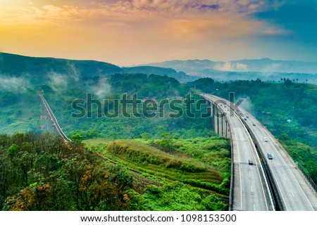 Aerial View of Cikubang Railway Bridge and Toll Bridge, Cipularang, Jakarta to Bandung, Indonesia