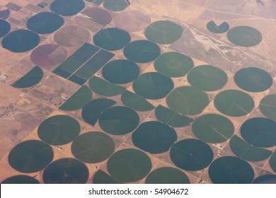 Aerial view of circular pivot farming in the American southwest