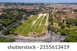 Aerial view of Circus Maximus, an ancient Roman chariot-racing stadium and mass entertainment venue in Rome, Italy. Now it