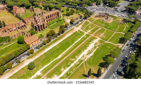 Aerial view of Circus Maximus, an ancient Roman chariot-racing stadium and mass entertainment venue in Rome, Italy. Now it's a public park but it was the first and largest stadium in ancient Rome