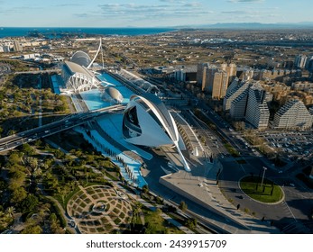 Aerial view of City of Arts and Science of Valencia, SPAIN. Beautiful panoramic view of all region. View of Queen Sofia Palace of Arts. Sunset point with beautiful warm colours reflecting on buildings