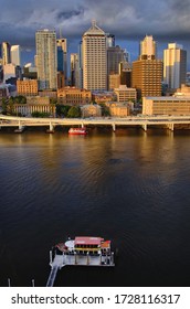 Aerial view of the city of Brisbane (CBD)  from the South Bank river side, photographed on 11/8/2014. Some ships were seen on the Brisbane River that docked on North Quay harbor.