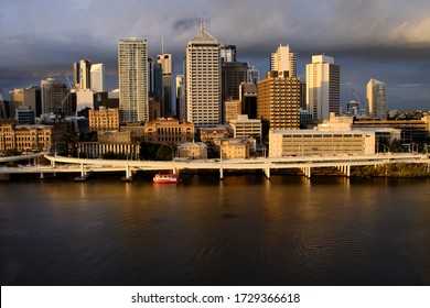 Aerial view of the city of Brisbane (CBD)  from the South Bank river side at golden hours, photographed on 11/8/2014. 