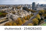 Aerial view of the city of Cardiff, Wales with beautiful autumn foliage