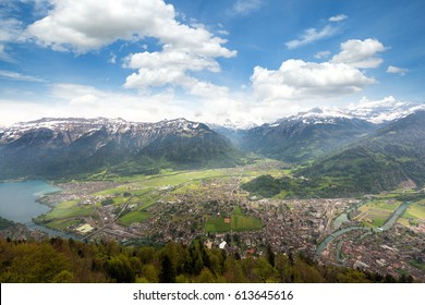 Aerial View Of City District And Interlaken From Viewpoint At Harder Kulm In Interlaken, Bern, Switzerland.

