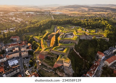 Aerial view of the city of Kłodzko and the huge fortress captured on a summer afternoon. Landscapes and attractions of Lower Silesia.