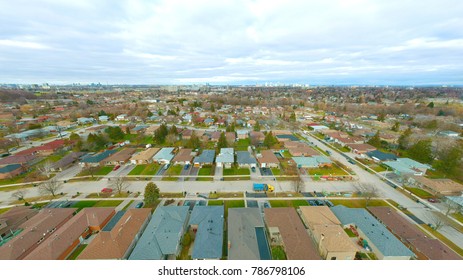 Aerial View Of The City. Hundreds Of Houses Bird Eye View Suburb Urban Housing Development. Quite Neighbourhood In Toronto, Canada. 