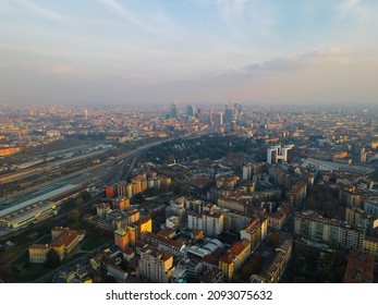 Aerial view of City Life Milan skyline from and glass skyscrapers in Milano. Birds eye of modern architecture of office buildings in new city districts. Drone Milano and Lombardia.