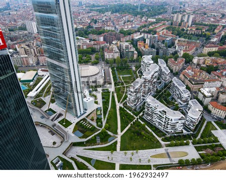 Aerial view of City Life Milano, Three Towers, bird view of 'Il Dritto', 'Lo Storto' e 'Il Curvo'. Drone photography in the beautiful city of Milano, Lombardia, north Italy. Skyscrapers in Europe. Stok fotoğraf © 