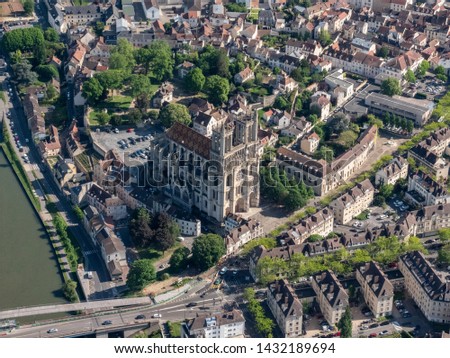 aerial view of the city of Mantes-la-Jolie and its collegiate church in the department of Yvelines in France