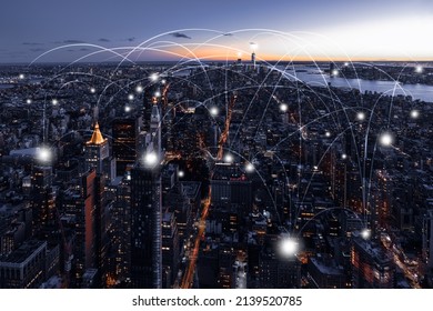 Aerial View of City Network, New York City USA, Smart City Concepts