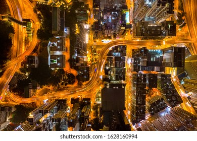 Aerial View Of City At Night With Light Track