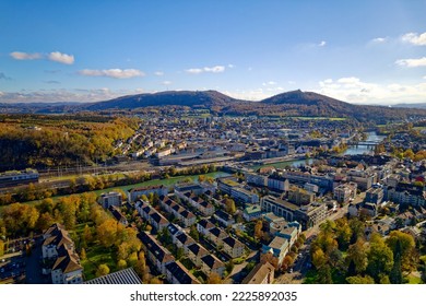 Aerial View Of City Of Olten On A Blue Cloudy Autumn Day With Beautiful Autumn Landscape Scenery. Photo Taken November 10th, 2022, Olten, Switzerland.