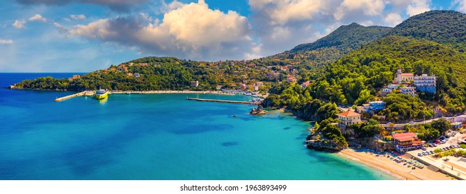 Aerial view of city of Poros, Kefalonia island in Greece. Poros city in middle of the day. Cephalonia or Kefalonia island, Ionian Sea, Greece. Poros village, Kefalonia island, Ionian islands, Greece.