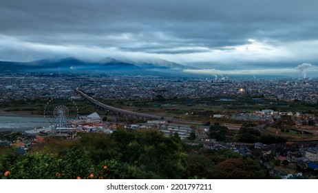 Aerial View City Scape At Morming Storm In The Rainy Season Mountain Cloud Sky Background In Japan