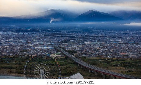 Aerial View City Scape At Morming Storm In The Rainy Season Mountain Cloud Sky Background In Japan