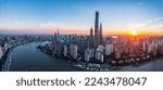 Aerial view of city skyline and modern buildings in Shanghai at sunrise, China.