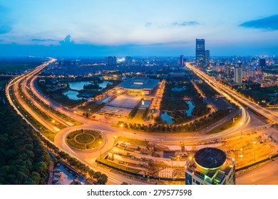 Aerial View Of City At Sunset. Hanoi Cityscape At Intersection Thang Long Boulevard - Pham Hung Street - Tran Duy Hung Street 