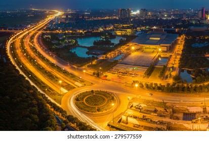 Aerial View Of City At Sunset. Thang Long Boulevard In Hanoi, Vietnam