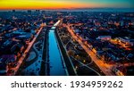 Aerial view of city of Timisoara at dusk. Photo taken on 3rd of March 2021 Timisoara, Timis County, Romania.