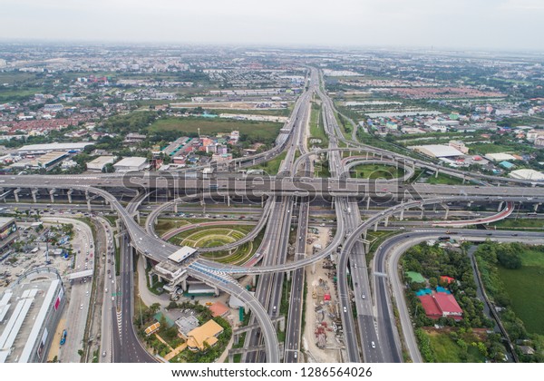 Aerial view city transport intersection road car\
movement, Transport\
industry