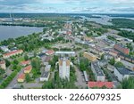 Aerial view city of Varkaus. The picture also shows the Varkaus water tower and Haukivesi  - Lake Saimaa and the paper mills. Varkaus, Finland