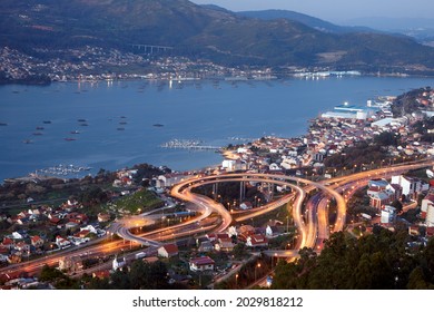 An Aerial View Of The City Of Vigo On A Beautiful Evening With Car Lights On The Streets In Galicia, Spain