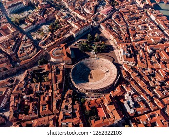 Aerial view Cityscape Arena of Verona city and Arena, Italy drone.