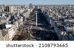 An aerial view of the cityscape of Buenos Aires, Argentina, over 9 De Julio Avenue in front of Obelisco