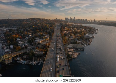 An Aerial View Of The Cityscape Of Seattle During Sunset, South Lake Union