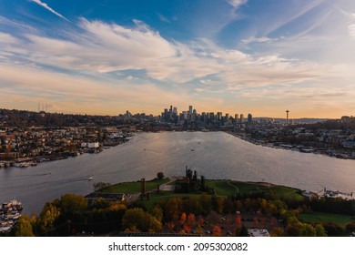 An Aerial View Of The Cityscape Of Seattle During Sunset, South Lake Union